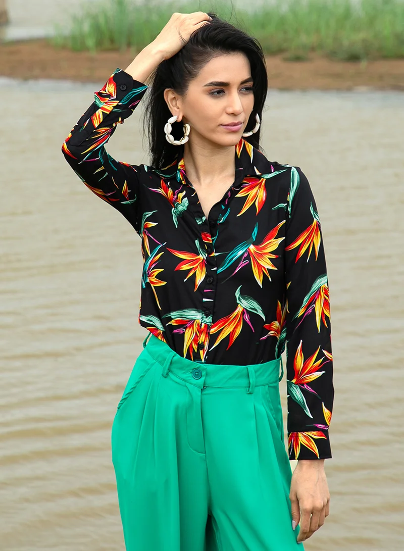 بينيا كولادا Women's Onyx Black Wild Foliage Shirt For Casual Wear | Spread Collar | Long Sleeve | Button Closure | Shirt Designed With Comfortable Fit For Woman & Girls